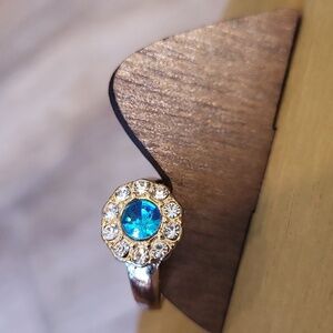 Aqua Blue Gemstone & Rhinestone Detail Gold Tone Fashion Ring, Size 4.75
